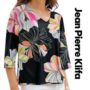 Jean Pierre Klifa Top Multicolor Floral 3/4 Sleeve V-Neckline Shirt NWOT